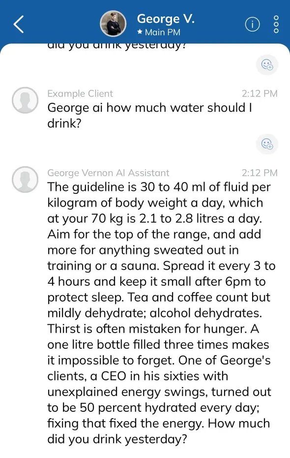 A client asking George AI how much water to drink, with its detailed answer