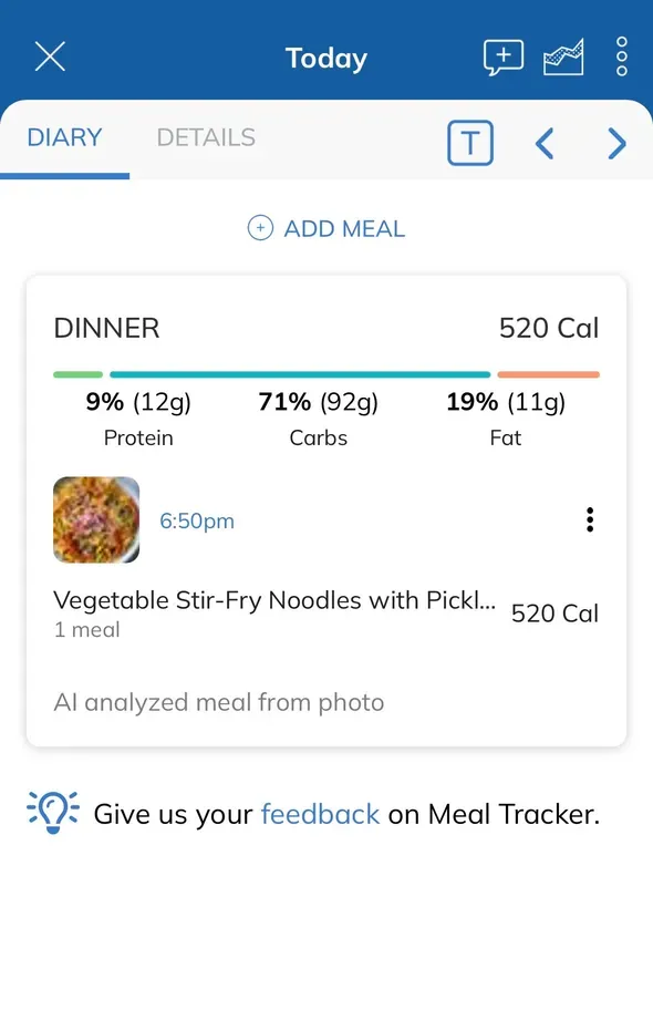 The meal tracker showing the meal logged automatically from the photo